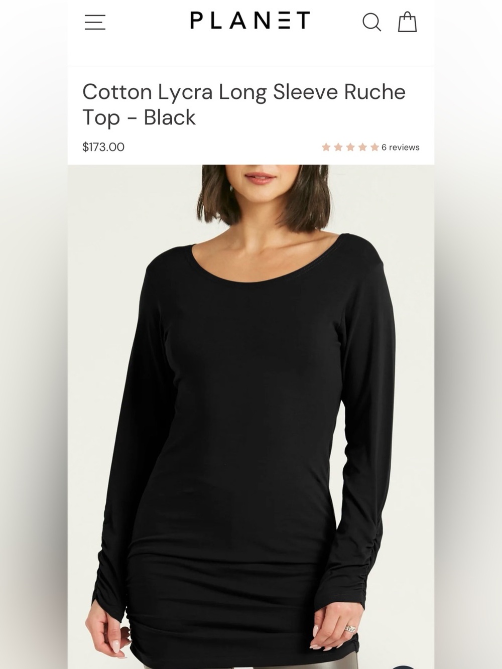 Women’s Black Cotton-Lycra Long Sleeve Ruched Tee